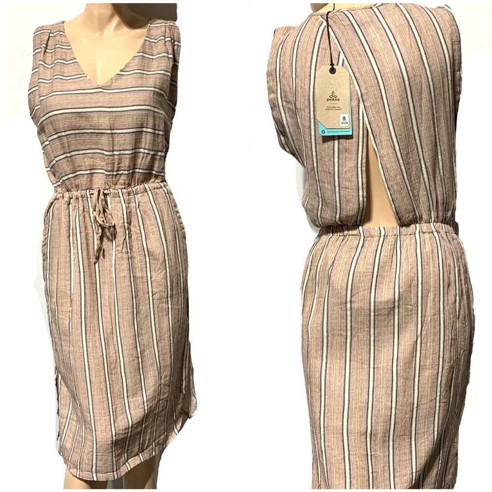 PrAna Ecotropics Dress Copper Stripe Organic Cotton Size S Small Cutout Back NWT